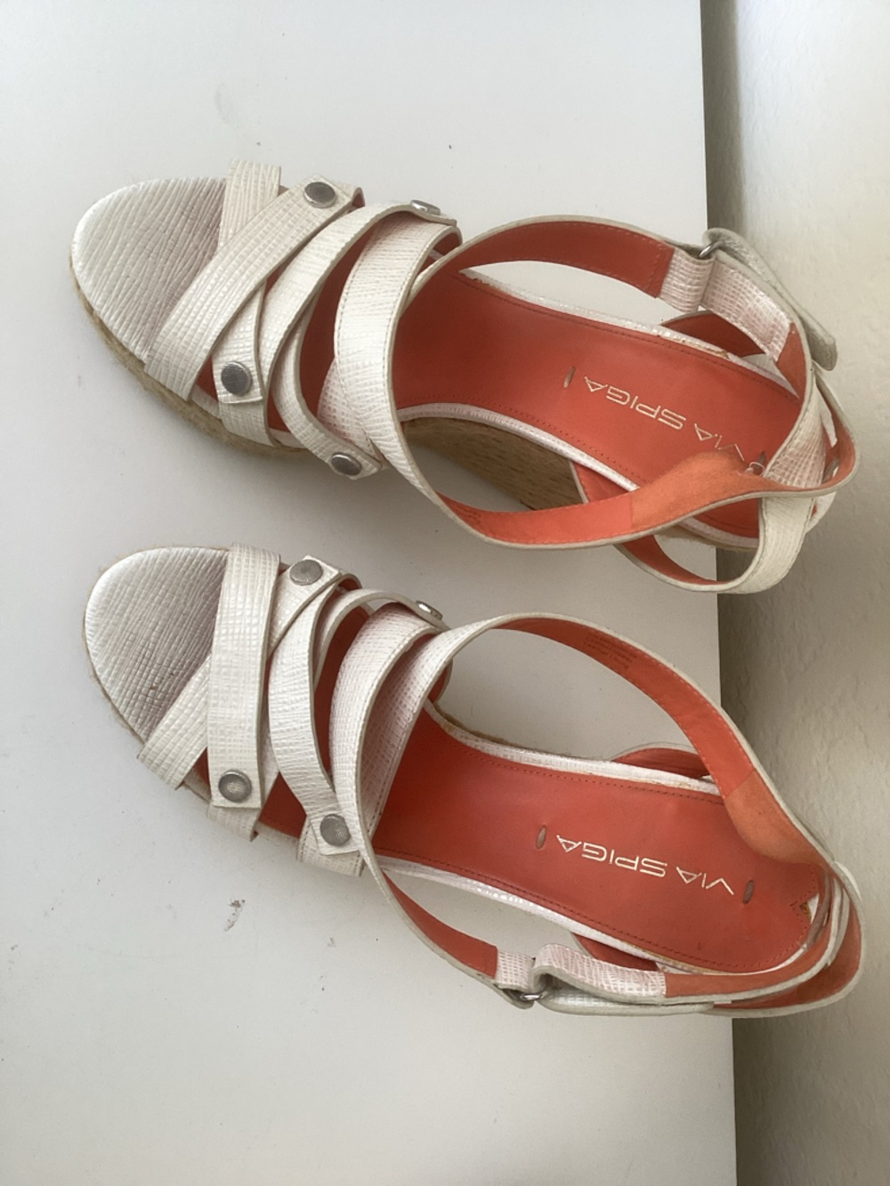 Via Spiga Cream Strappy Wedge Sandals with Orange Insole